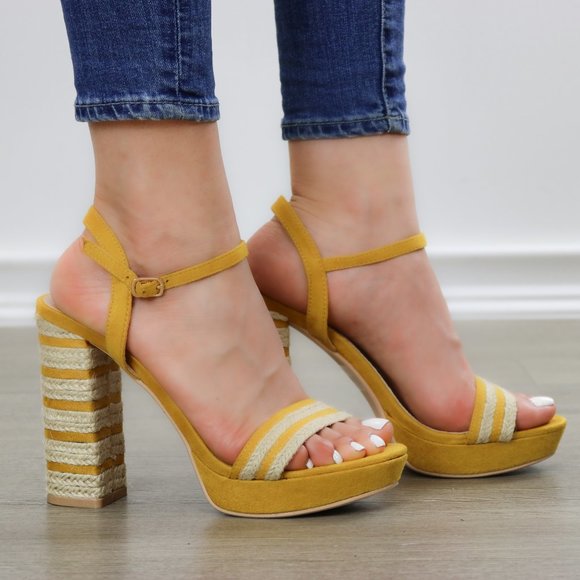Espadrille Heel Yellow Open Toe Platform Sandal - Picture 3 of 13